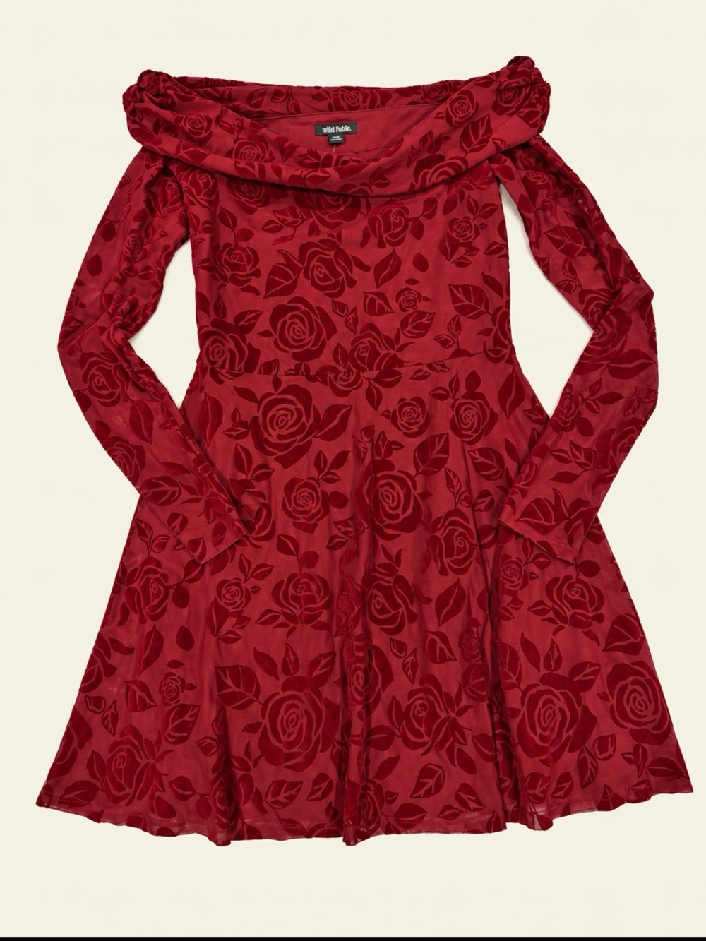 Red Floral Velvet Off-Shoulder Long-Sleeve Fit & Flare Dress